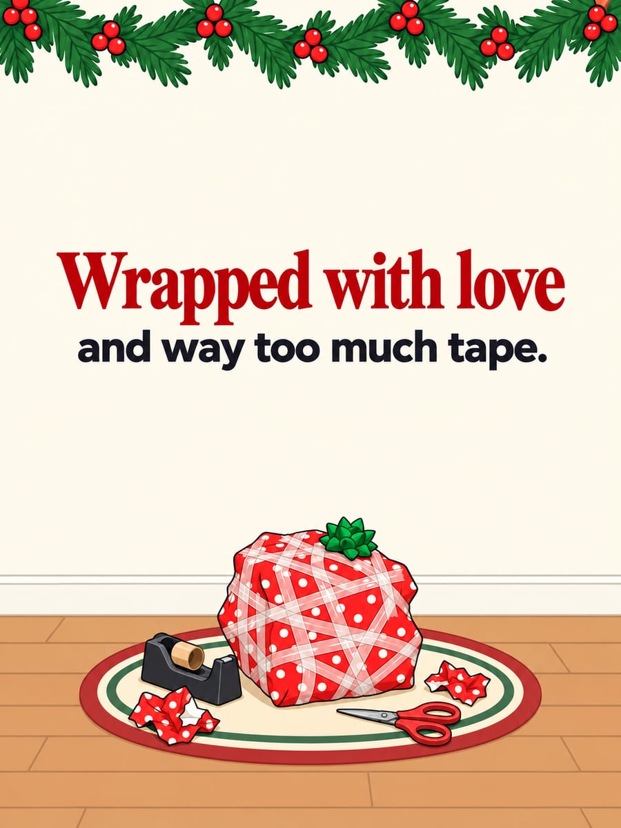 Christmas greeting image: present, tape, wrapping paper. It says “Wrapped with love” and “and way too much tape.”