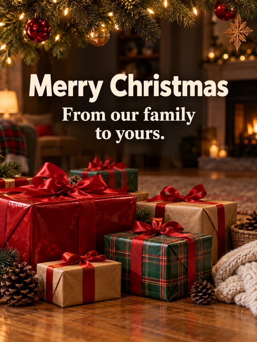 Christmas greeting image: gifts, Christmas tree, presents, ribbon. It says “Merry Christmas” and “From our family to yours.”