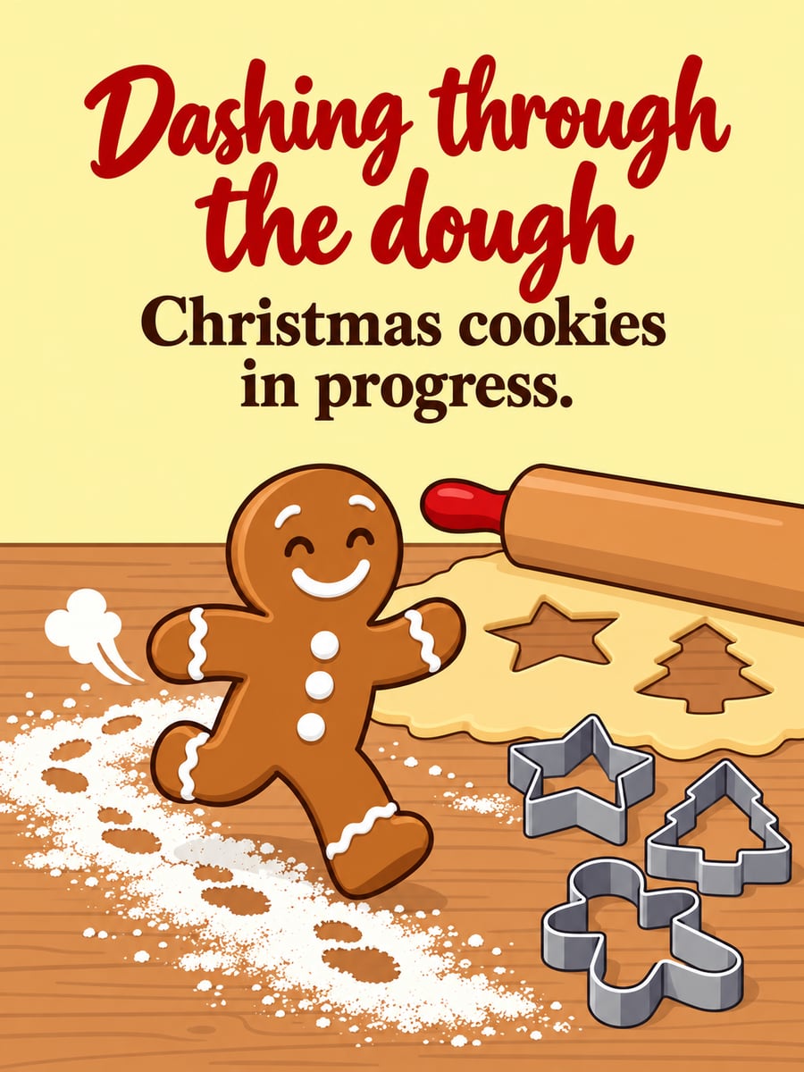 Christmas greeting image: gingerbread man, cookie dough, cookie cutters, flour. It says “Dashing through the dough” and “Christmas cookies in progress.”