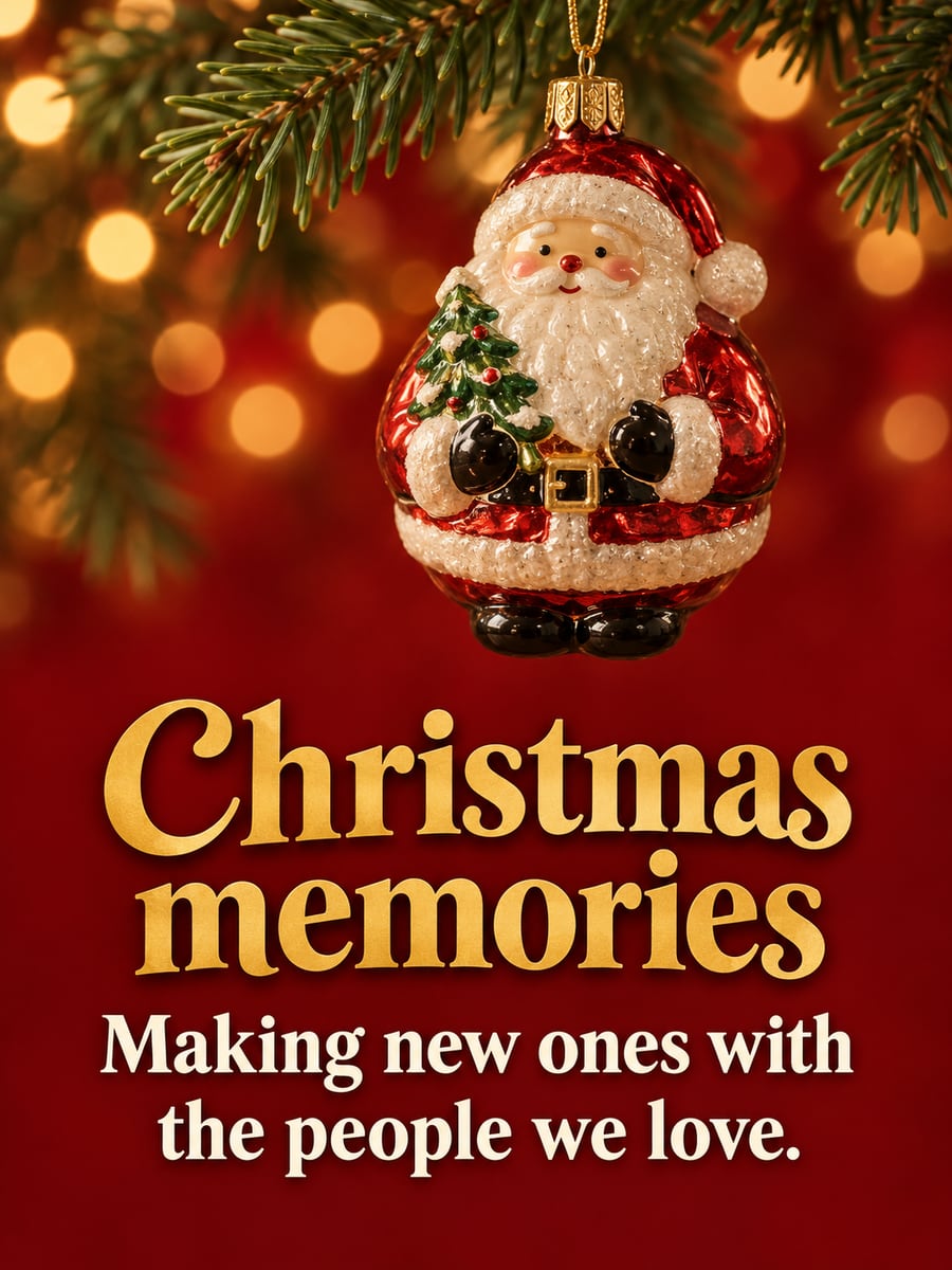 Christmas greeting image: Santa, ornament, fir. It says “Christmas memories” and “Making new ones with the people we love.”