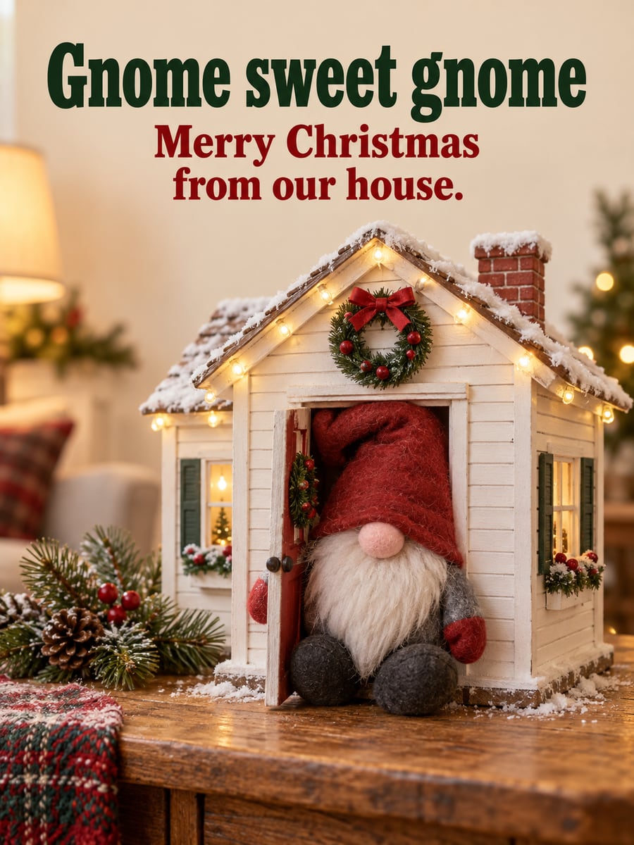 Christmas greeting image: gnome, dollhouse, wreath. It says “Gnome sweet gnome” and “Merry Christmas from our house.”