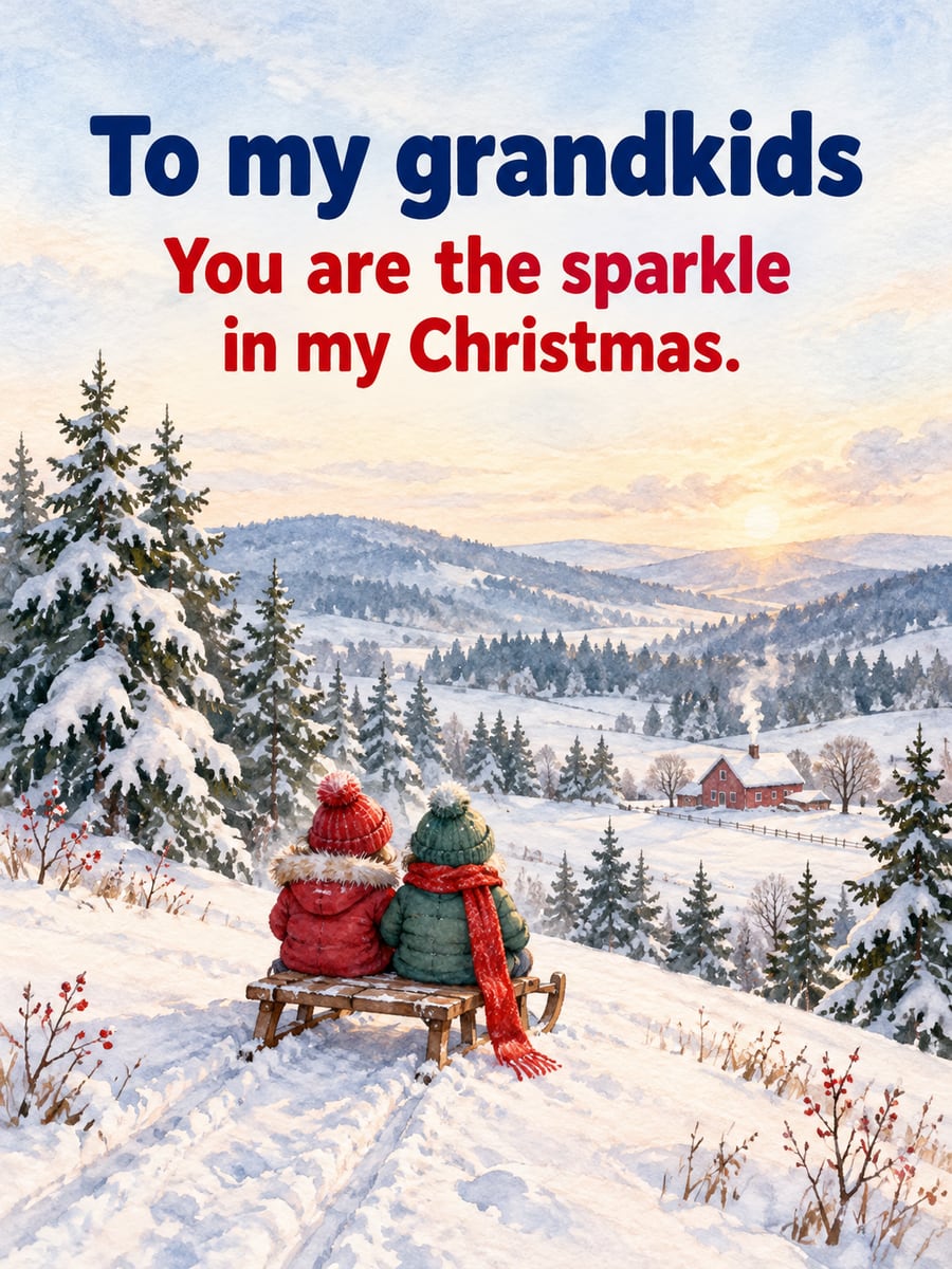 Christmas greeting image: grandkids, sled, snowy hill, farmhouse. It says “To my grandkids” and “You are the sparkle in my Christmas.”
