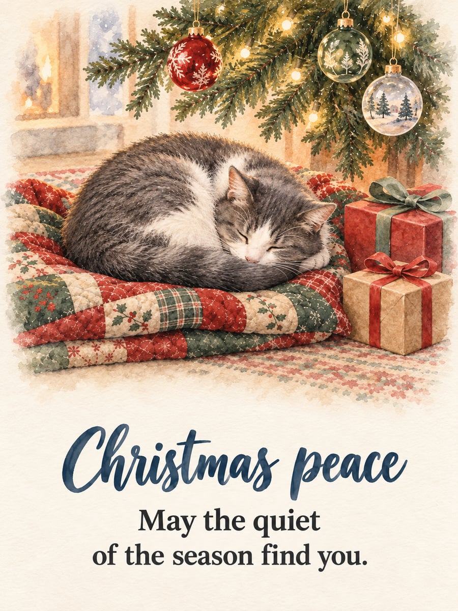 Christmas greeting image: cat, patchwork quilt, presents, Christmas tree. It says “Christmas peace” and “May the quiet of the season find you.”