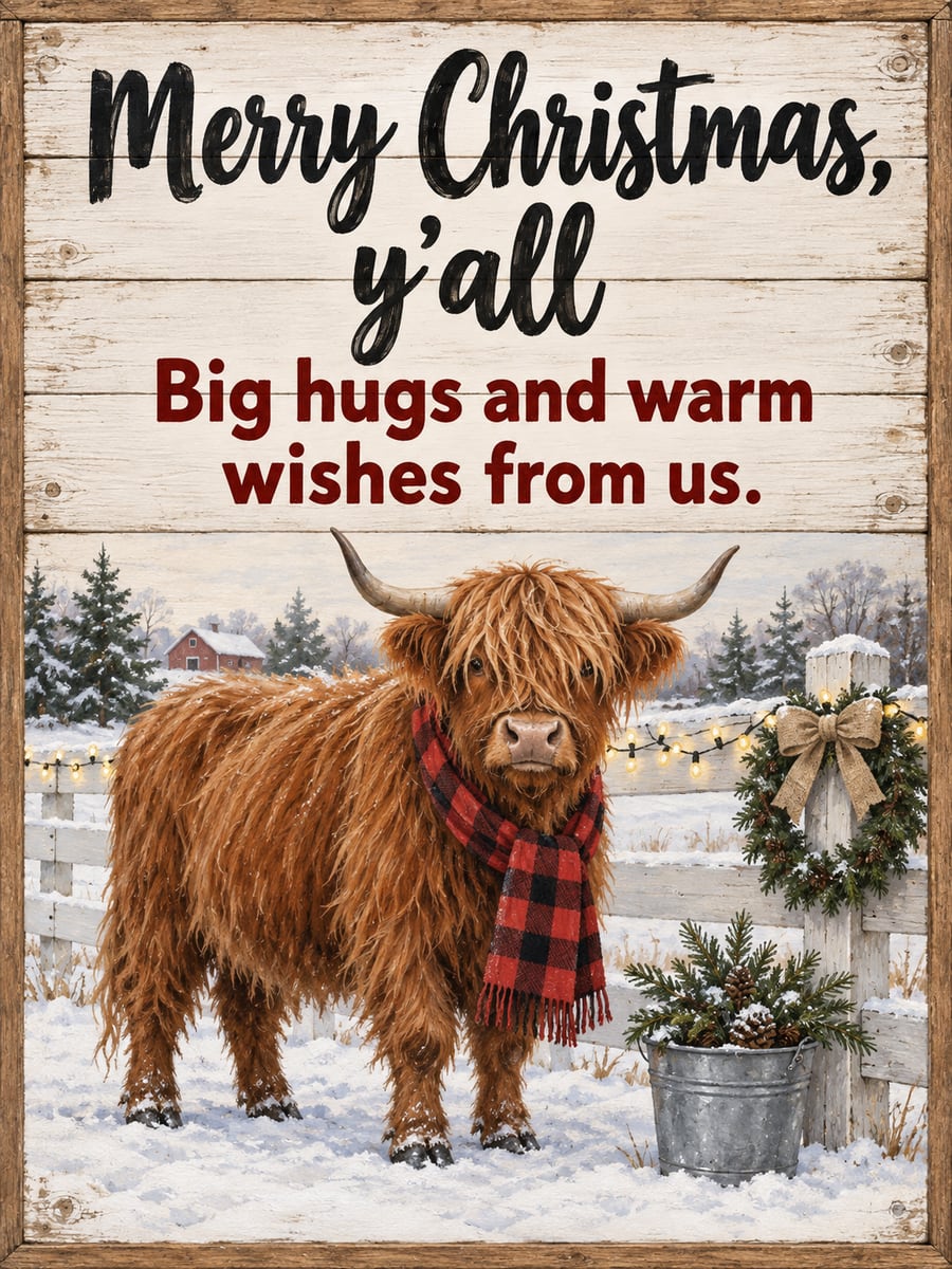 Christmas greeting image: Highland cow, buffalo check, fence, twinkling lights. It says “Merry Christmas, y’all” and “Big hugs and warm wishes from us.”