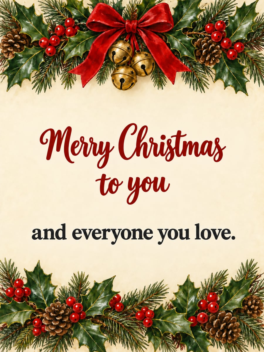 Christmas greeting image: holly, jingle bells, pinecones, pine. It says “Merry Christmas to you” and “and everyone you love.”