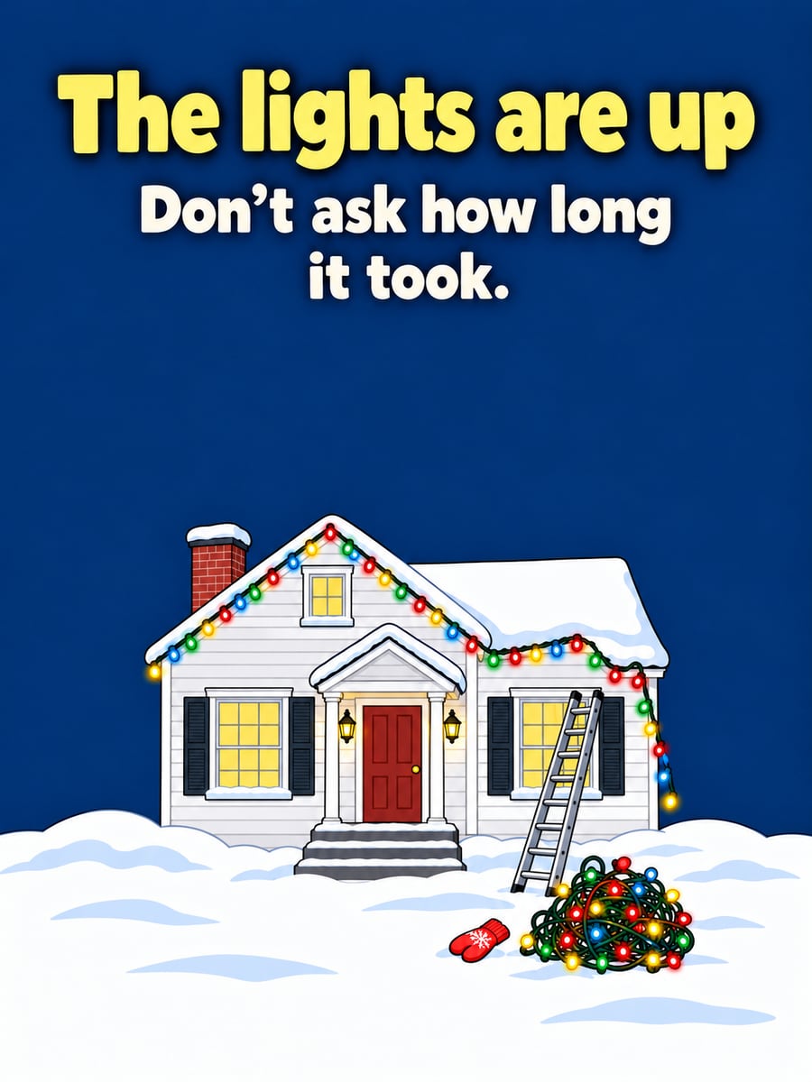 Christmas greeting image: house lights, ladder, tangled lights, snow. It says “The lights are up” and “Don’t ask how long it took.”