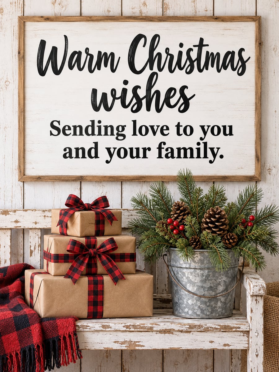 Christmas greeting image: gifts, buffalo check, galvanized pail, farmhouse. It says “Warm Christmas wishes” and “Sending love to you and your family.”