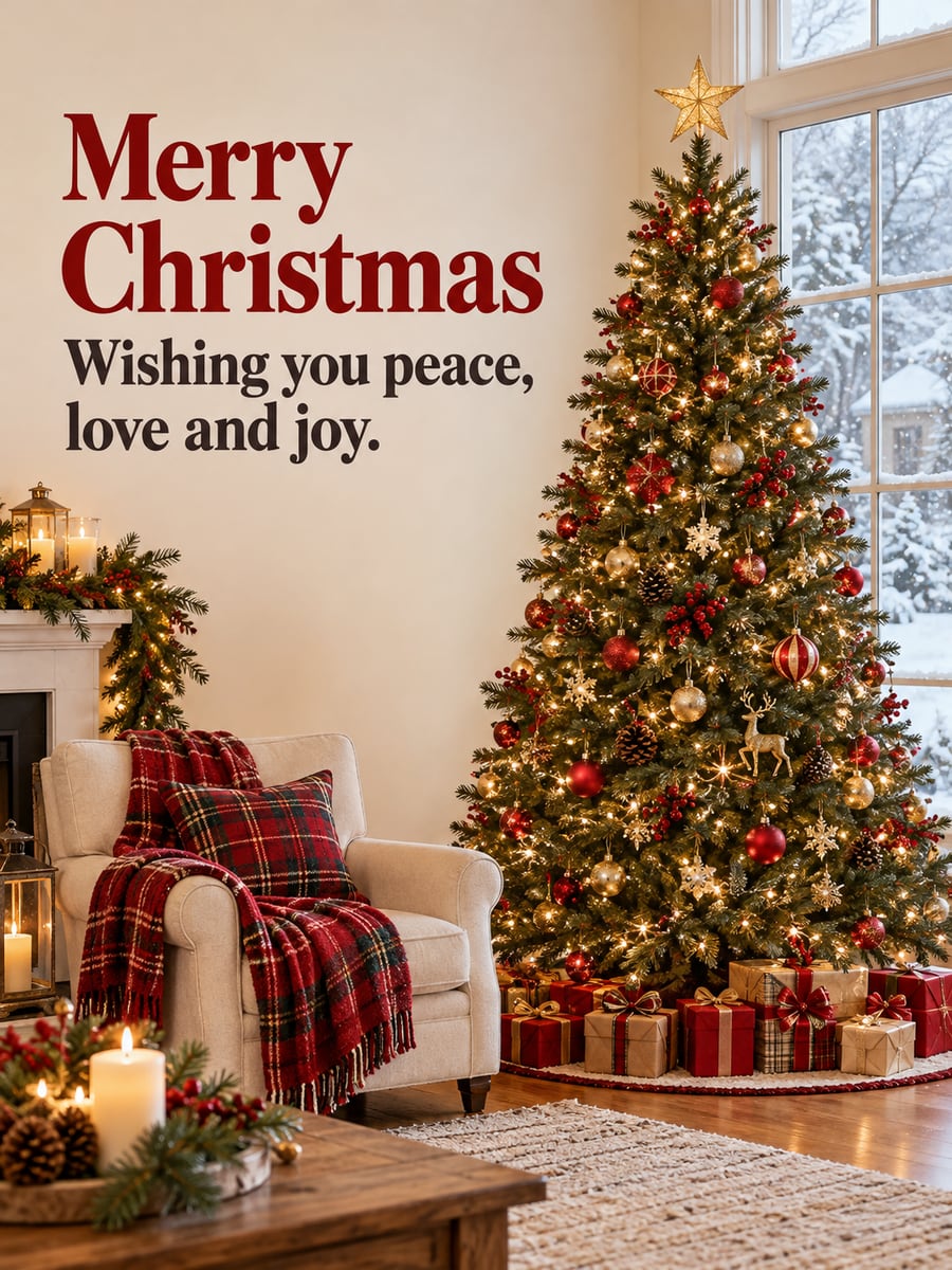 Christmas greeting image: Christmas tree, window, snow, living room. It says “Merry Christmas” and “Wishing you peace, love and joy.”