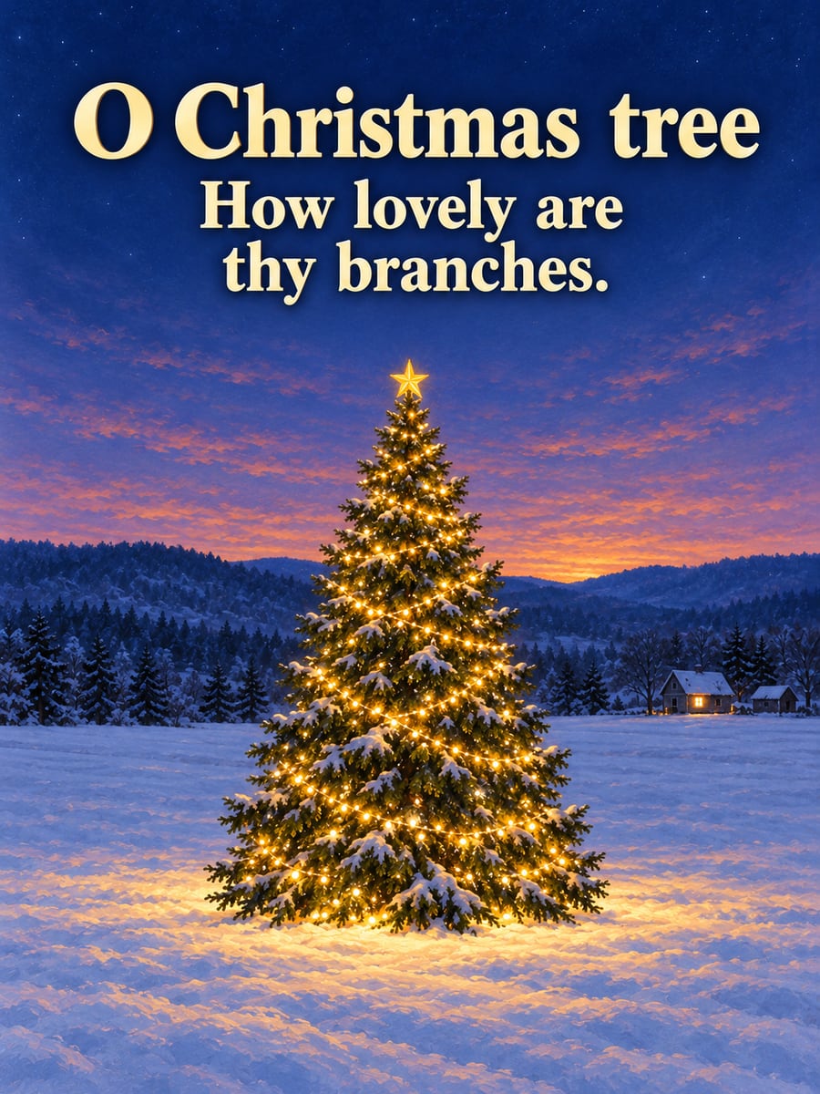 Christmas greeting image: Christmas tree, lights, snow, dusk. It says “O Christmas tree” and “How lovely are thy branches.”