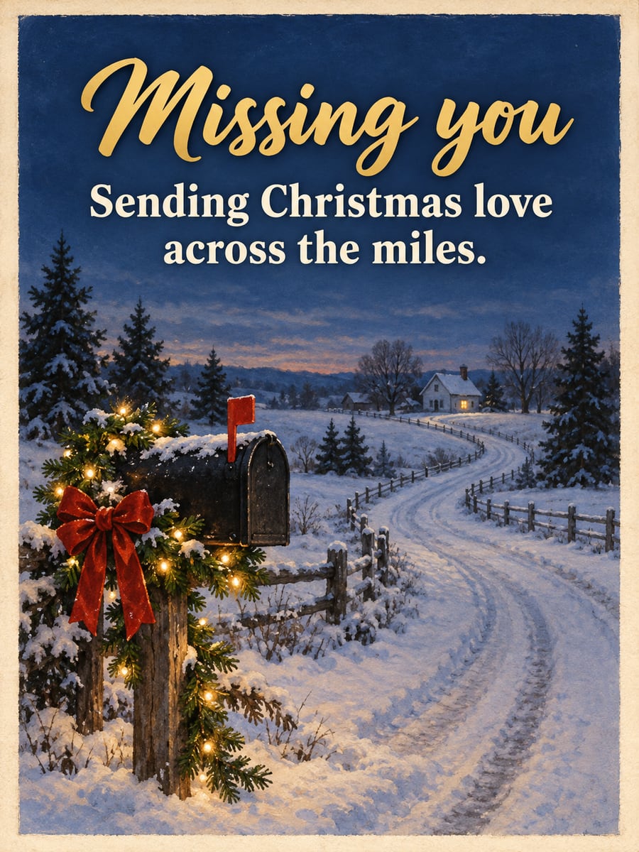 Christmas greeting image: mailbox, string lights, garland, country road. It says “Missing you” and “Sending Christmas love across the miles.”