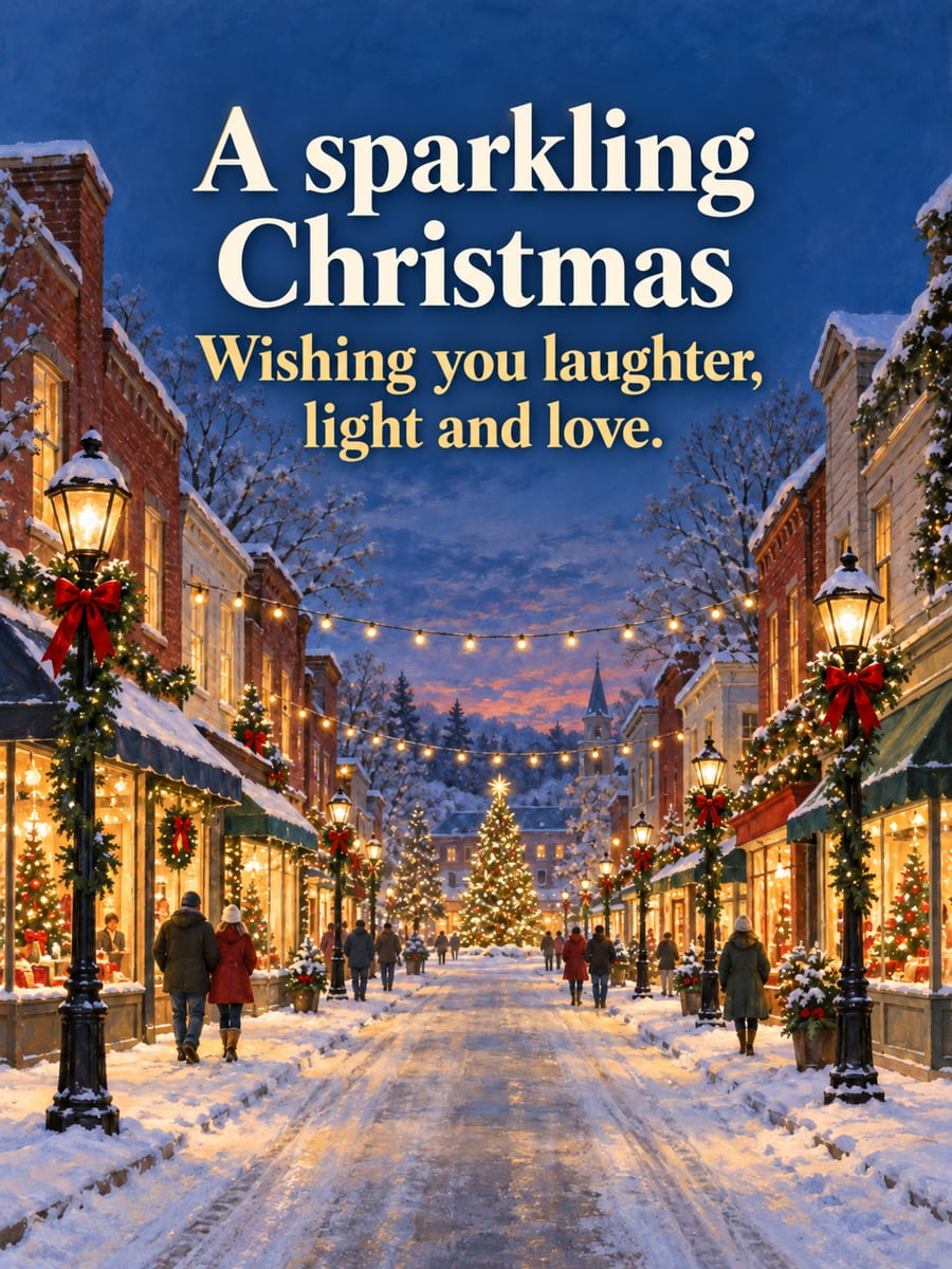 Christmas greeting image: main street, small town, string lights, snow. It says “A sparkling Christmas” and “Wishing you laughter, light and love.”