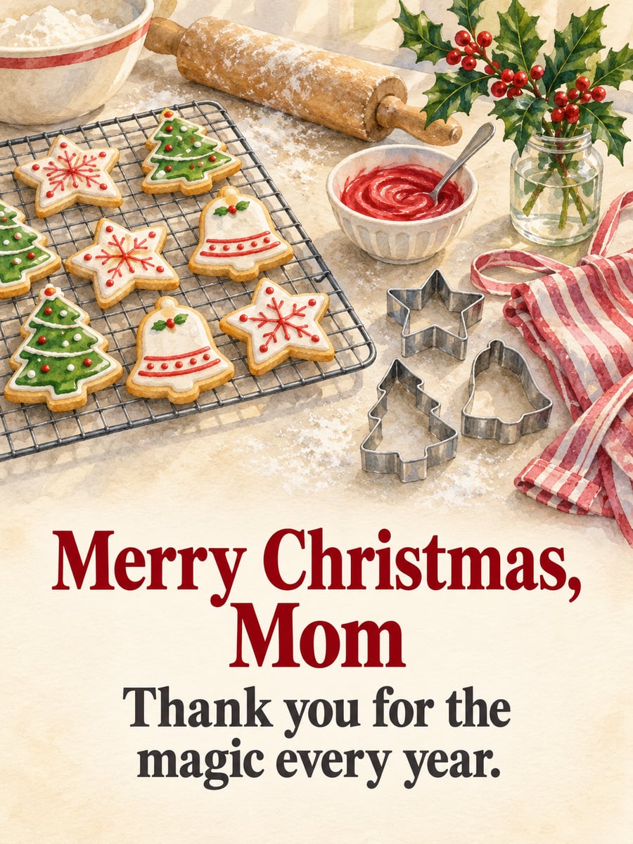 Christmas greeting image: sugar cookies, baking, apron, holly. It says “Merry Christmas, Mom” and “Thank you for the magic every year.”