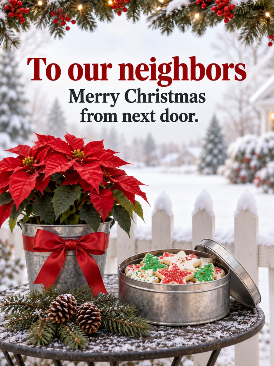 Christmas greeting image: poinsettia, cookie tin, picket fence. It says “To our neighbors” and “Merry Christmas from next door.”