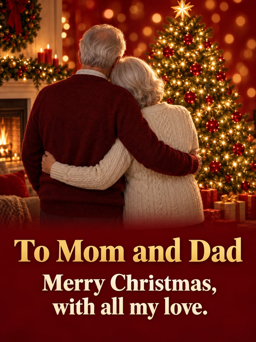 Christmas greeting image: older couple, Christmas tree, gold lights. It says “To Mom and Dad” and “Merry Christmas, with all my love.”