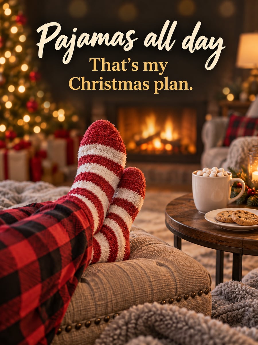 Christmas greeting image: pajamas, fuzzy socks, footstool, cocoa. It says “Pajamas all day” and “That’s my Christmas plan.”