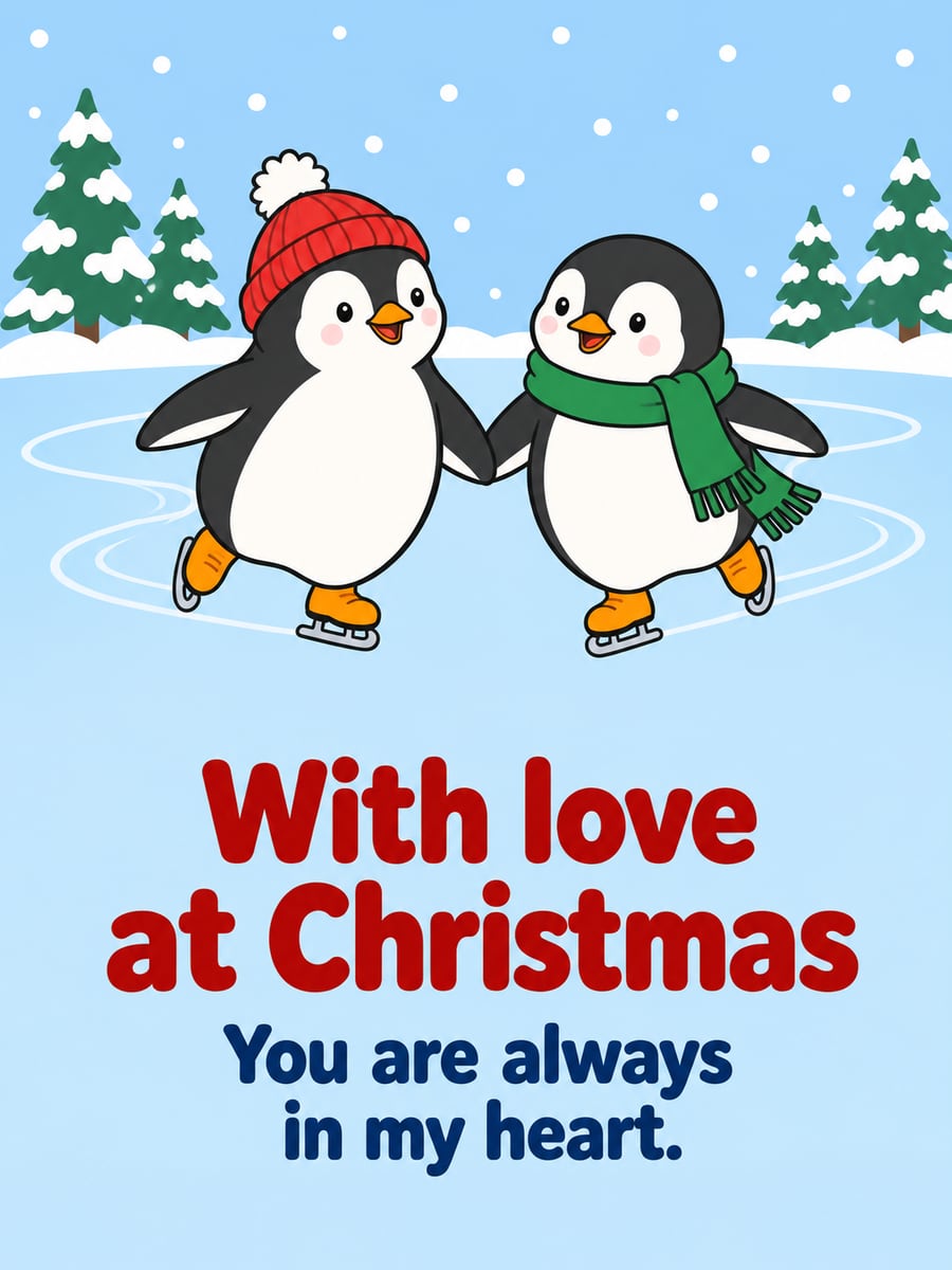 Christmas greeting image: penguins, ice skating, knit hat, pond. It says “With love at Christmas” and “You are always in my heart.”
