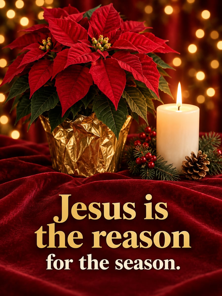 Christmas greeting image: poinsettia, candle, velvet. It says “Jesus is the reason” and “for the season.”