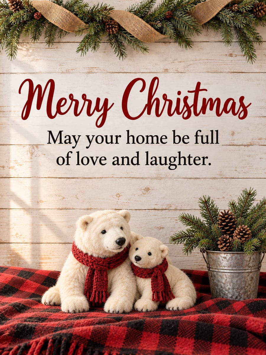 Christmas greeting image: polar bears, buffalo check, galvanized bucket, fir sprigs, farmhouse. It says “Merry Christmas” and “May your home be full of love and laughter.”