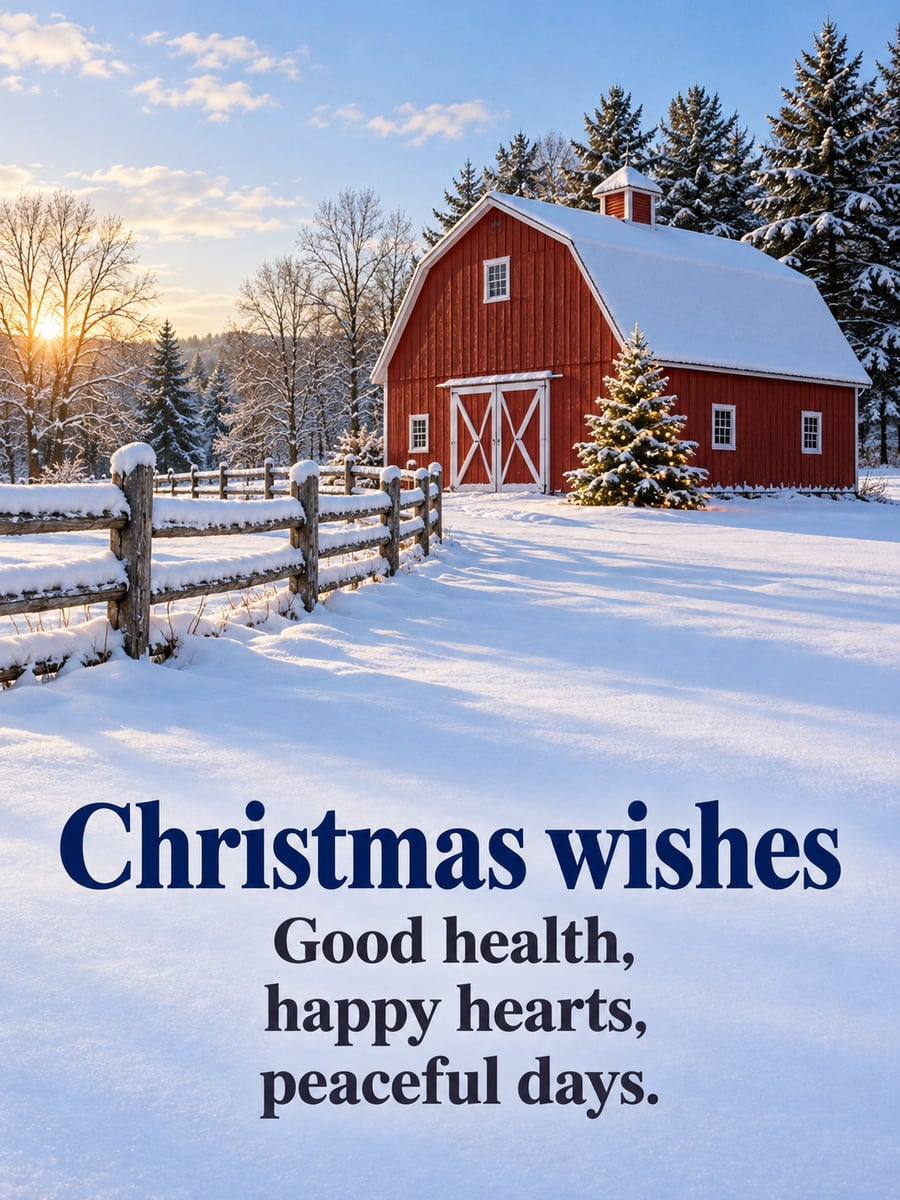 Christmas greeting image: red barn, snow, fence, evergreen. It says “Christmas wishes” and “Good health, happy hearts, peaceful days.”