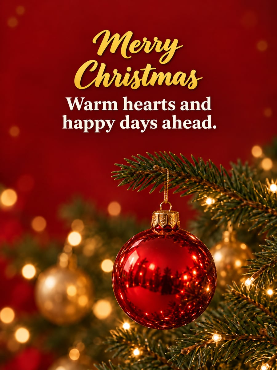 Christmas greeting image: bauble, ornament, tree lights, fir. It says “Merry Christmas” and “Warm hearts and happy days ahead.”