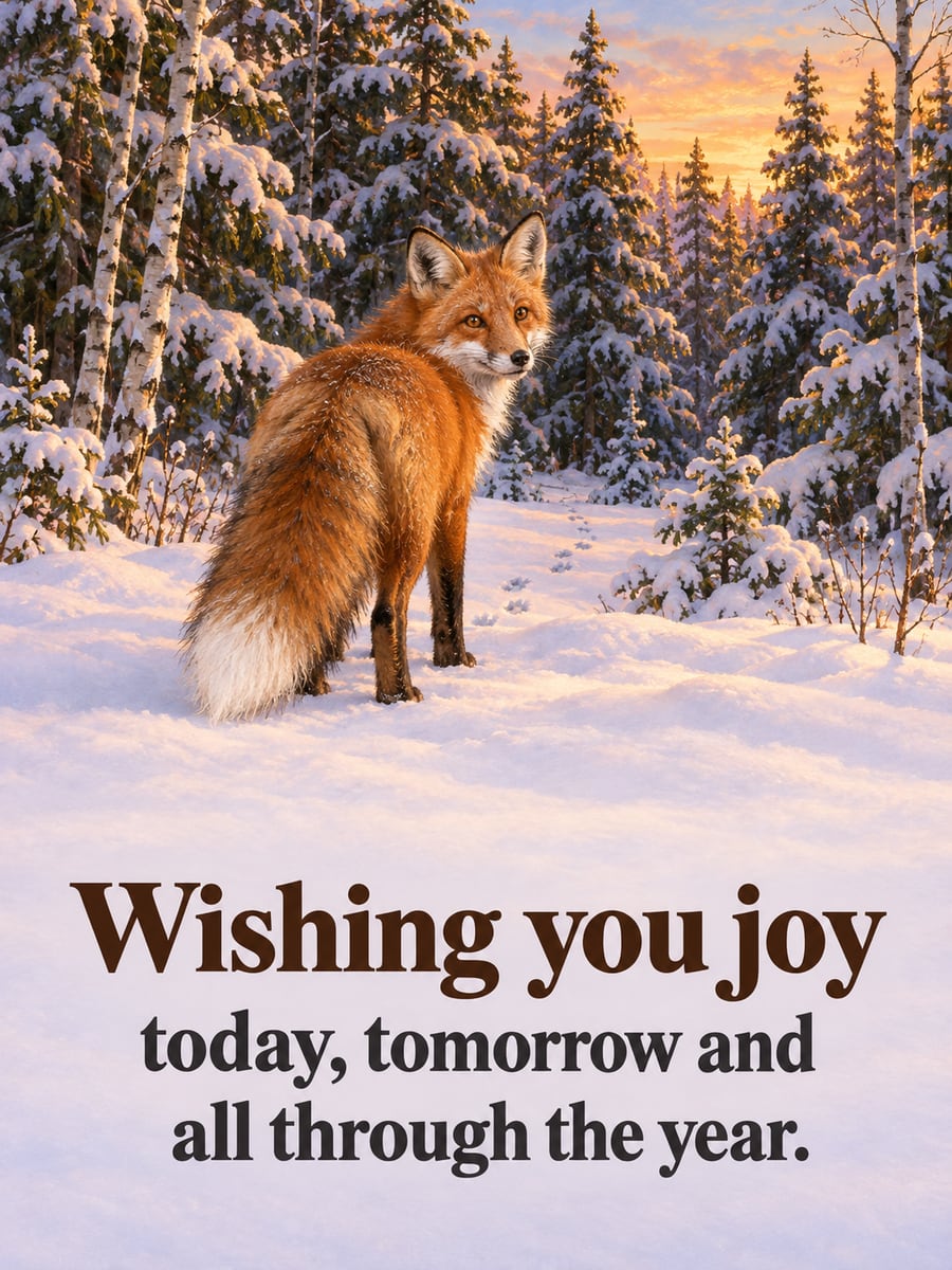 Christmas greeting image: red fox, spruce forest, snow, sunset. It says “Wishing you joy” and “today, tomorrow and all through the year.”
