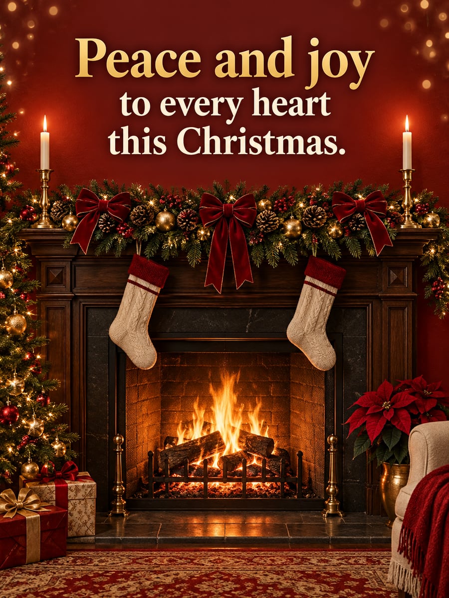 Christmas greeting image: fireplace, garland, stockings, candles. It says “Peace and joy” and “to every heart this Christmas.”