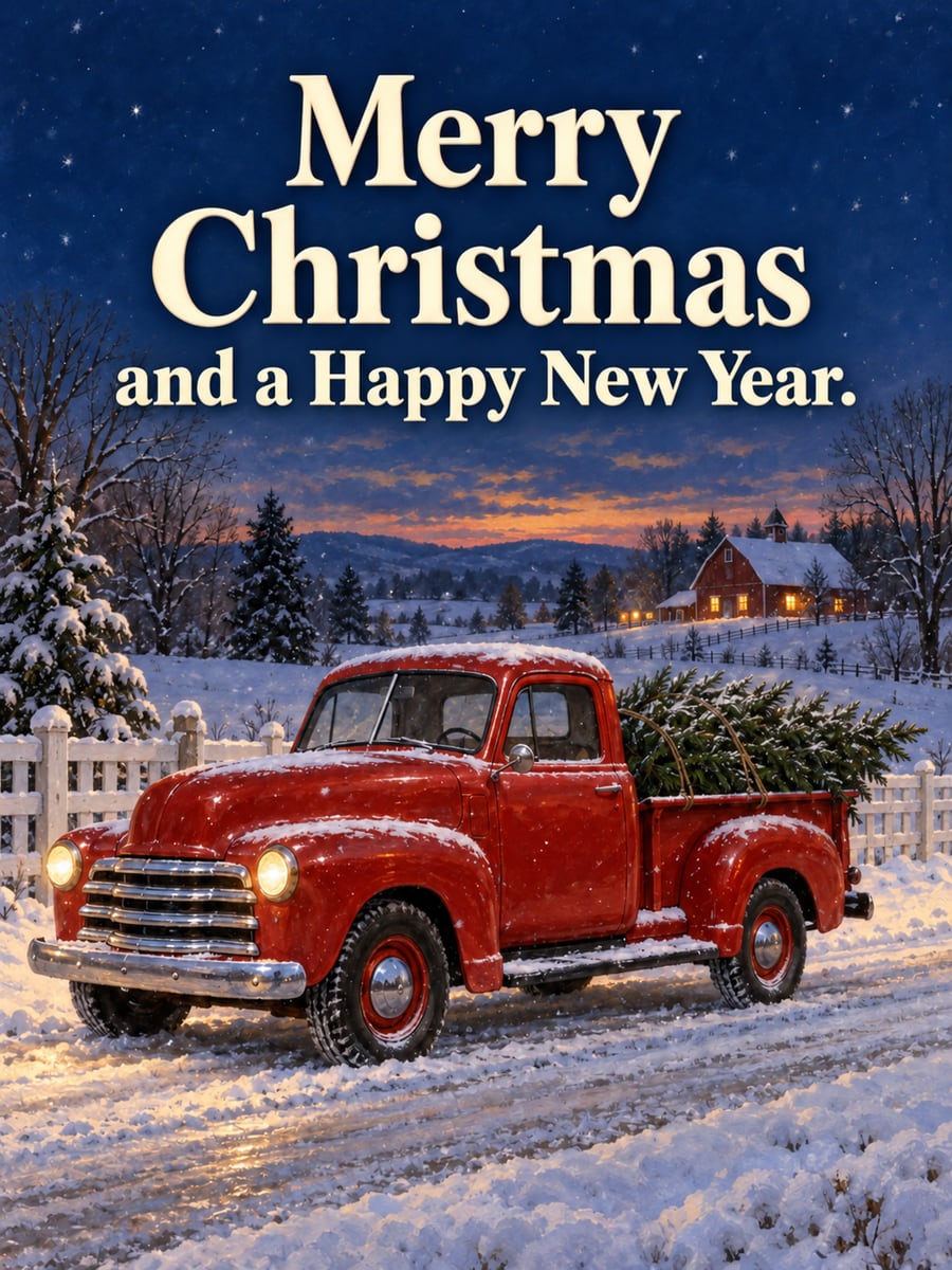 Christmas greeting image: red truck, fir tree, barn, snow, picket fence. It says “Merry Christmas” and “and a Happy New Year.”