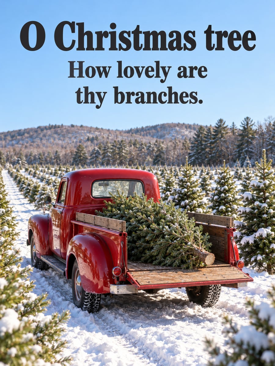 Christmas greeting image: red truck, tree farm, fir, snow. It says “O Christmas tree” and “How lovely are thy branches.”