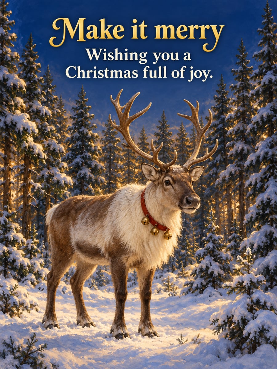Christmas greeting image: reindeer, bells, pine forest, dusk. It says “Make it merry” and “Wishing you a Christmas full of joy.”