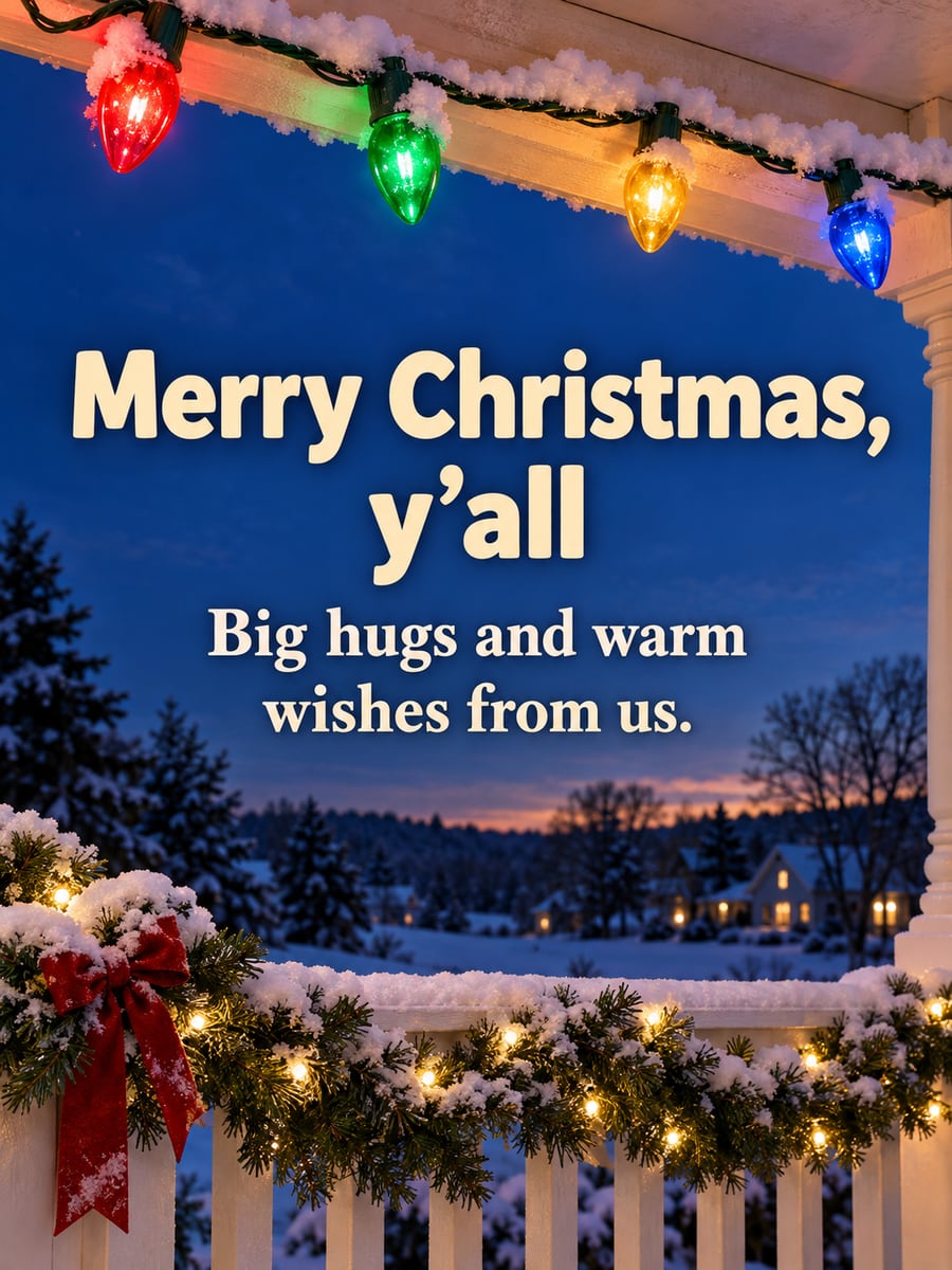 Christmas greeting image: Christmas lights, bulbs, porch, snow. It says “Merry Christmas, y’all” and “Big hugs and warm wishes from us.”