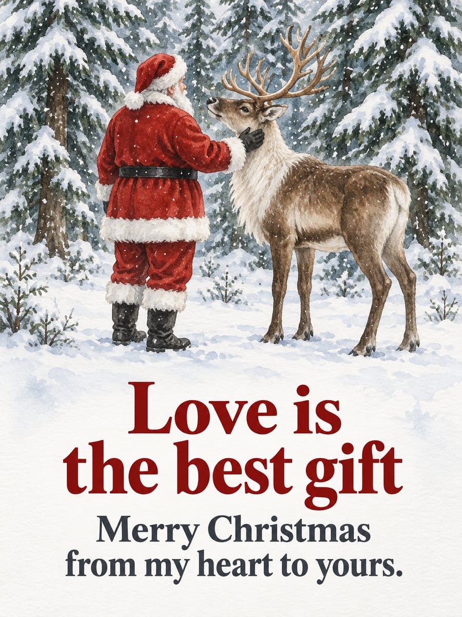 Christmas greeting image: Santa, reindeer, snow, pine forest. It says “Love is the best gift” and “Merry Christmas from my heart to yours.”
