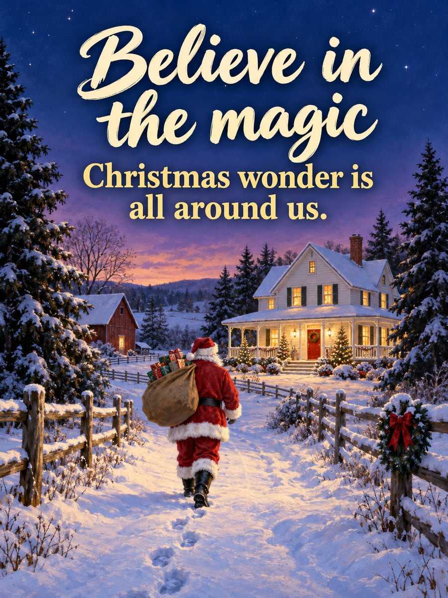 Christmas greeting image: Santa, farmhouse, snow, presents. It says “Believe in the magic” and “Christmas wonder is all around us.”