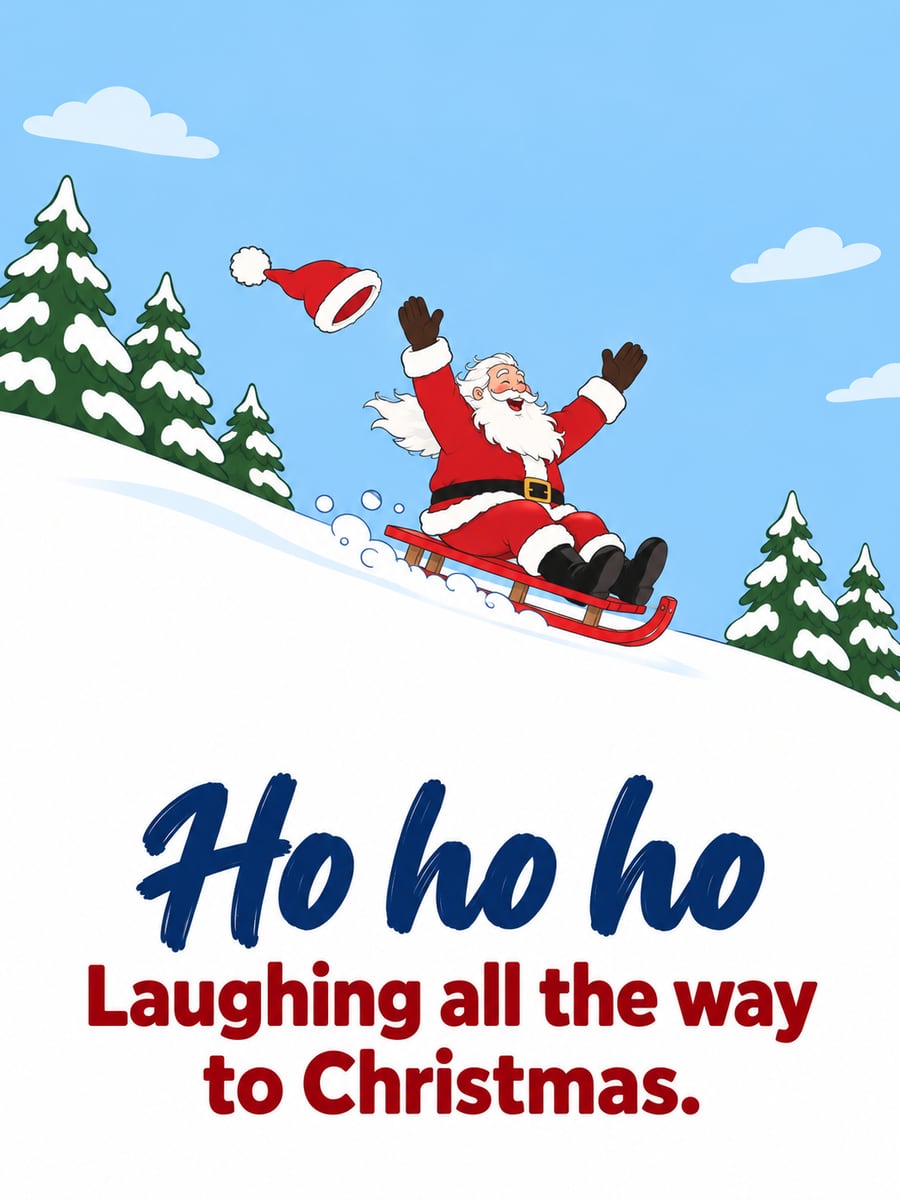 Christmas greeting image: Santa, sled, snowy hill. It says “Ho ho ho” and “Laughing all the way to Christmas.”
