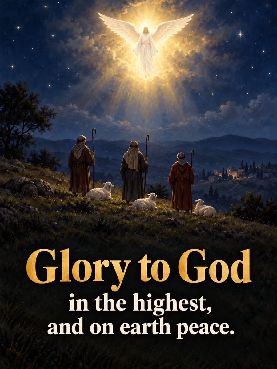 Christmas greeting image: angel, shepherds, sheep, night sky. It says “Glory to God” and “in the highest, and on earth peace.”