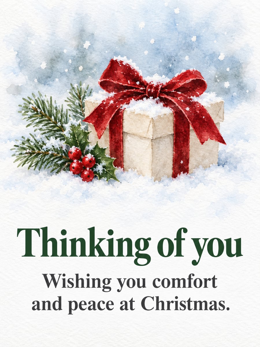 Christmas greeting image: gift, ribbon, snow, pine. It says “Thinking of you” and “Wishing you comfort and peace at Christmas.”