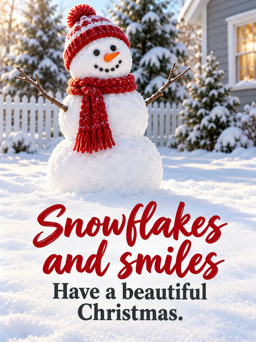 Christmas greeting image: snowman, scarf, snow, backyard. It says “Snowflakes and smiles” and “Have a beautiful Christmas.”