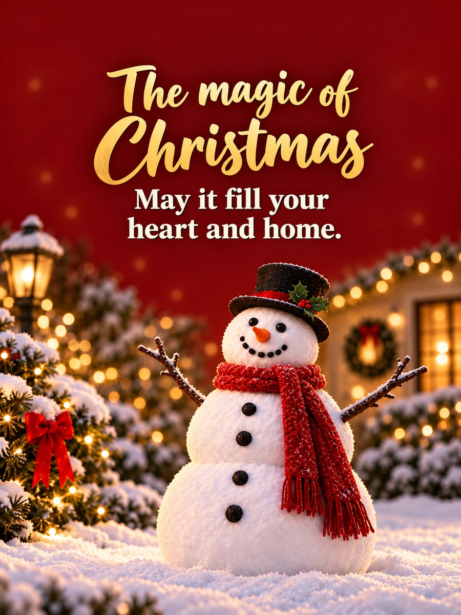 Christmas greeting image: snowman, scarf, snow. It says “The magic of Christmas” and “May it fill your heart and home.”