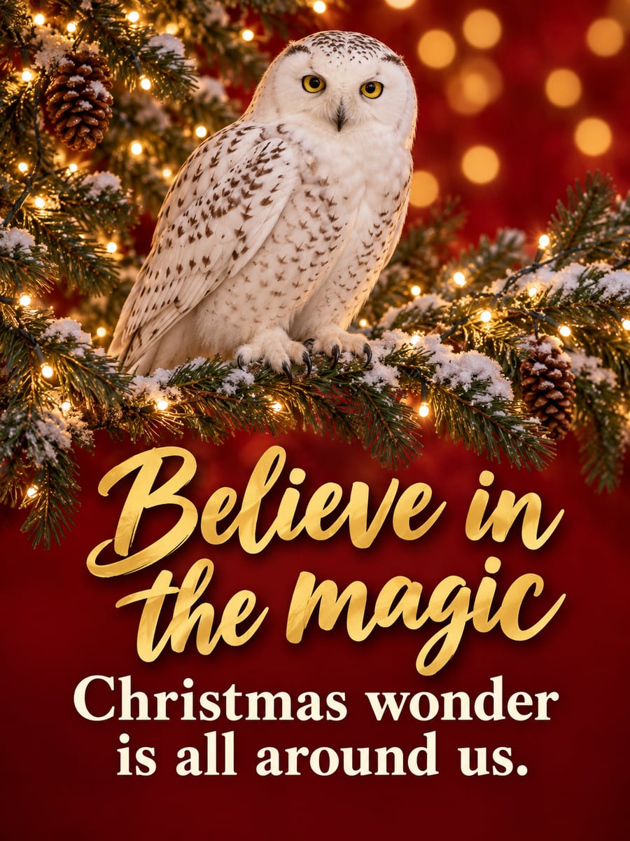 Christmas greeting image: snowy owl, pine, gold lights. It says “Believe in the magic” and “Christmas wonder is all around us.”
