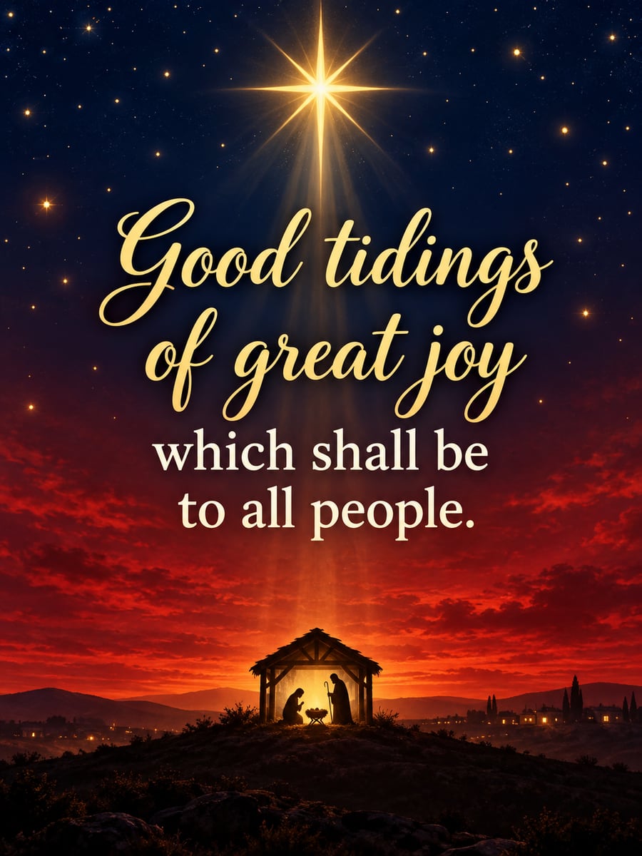 Christmas greeting image: nativity, stable, star, night sky. It says “Good tidings of great joy” and “which shall be to all people.”