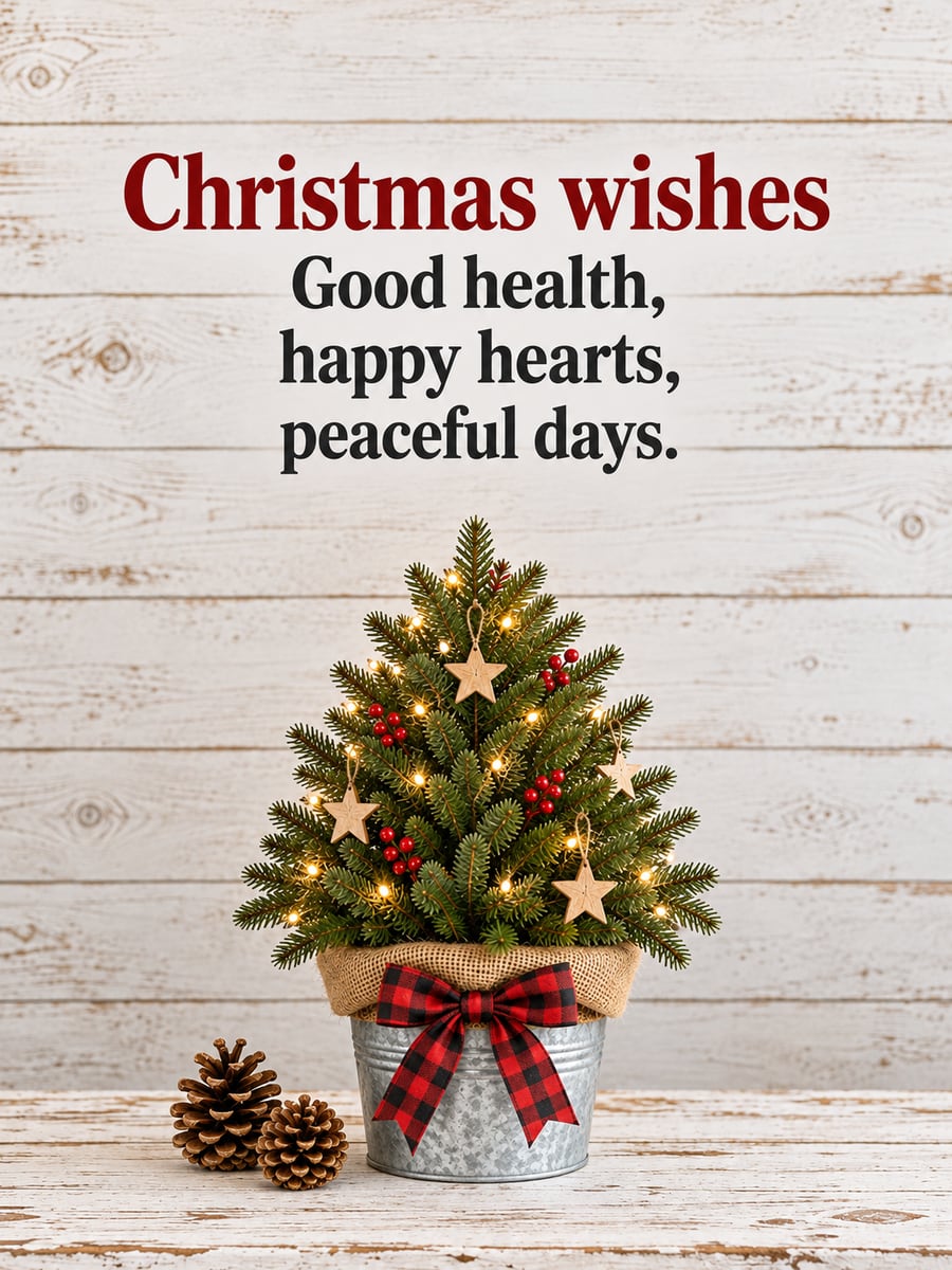 Christmas greeting image: Christmas tree, galvanized bucket, buffalo check, wooden stars. It says “Christmas wishes” and “Good health, happy hearts, peaceful days.”