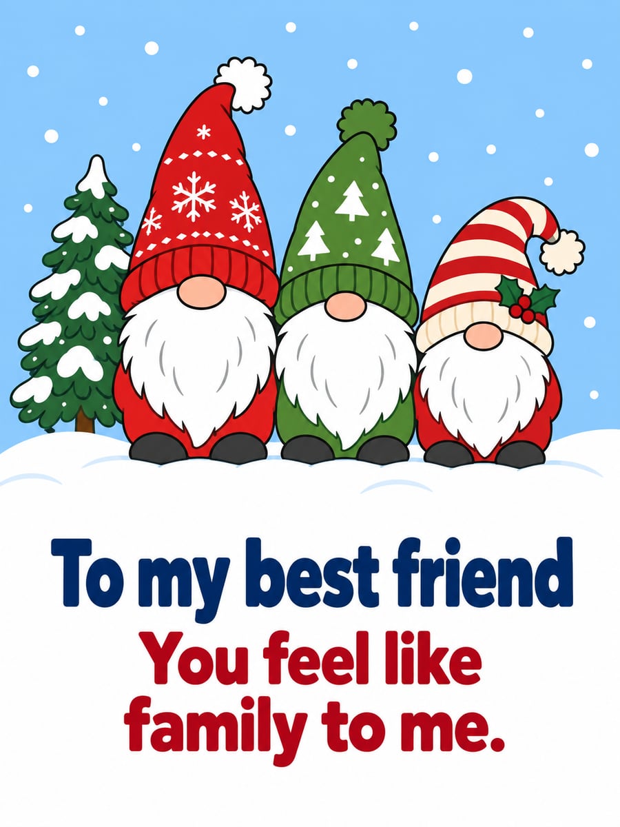 Christmas greeting image: gnomes, snow, fir, friends. It says “To my best friend” and “You feel like family to me.”