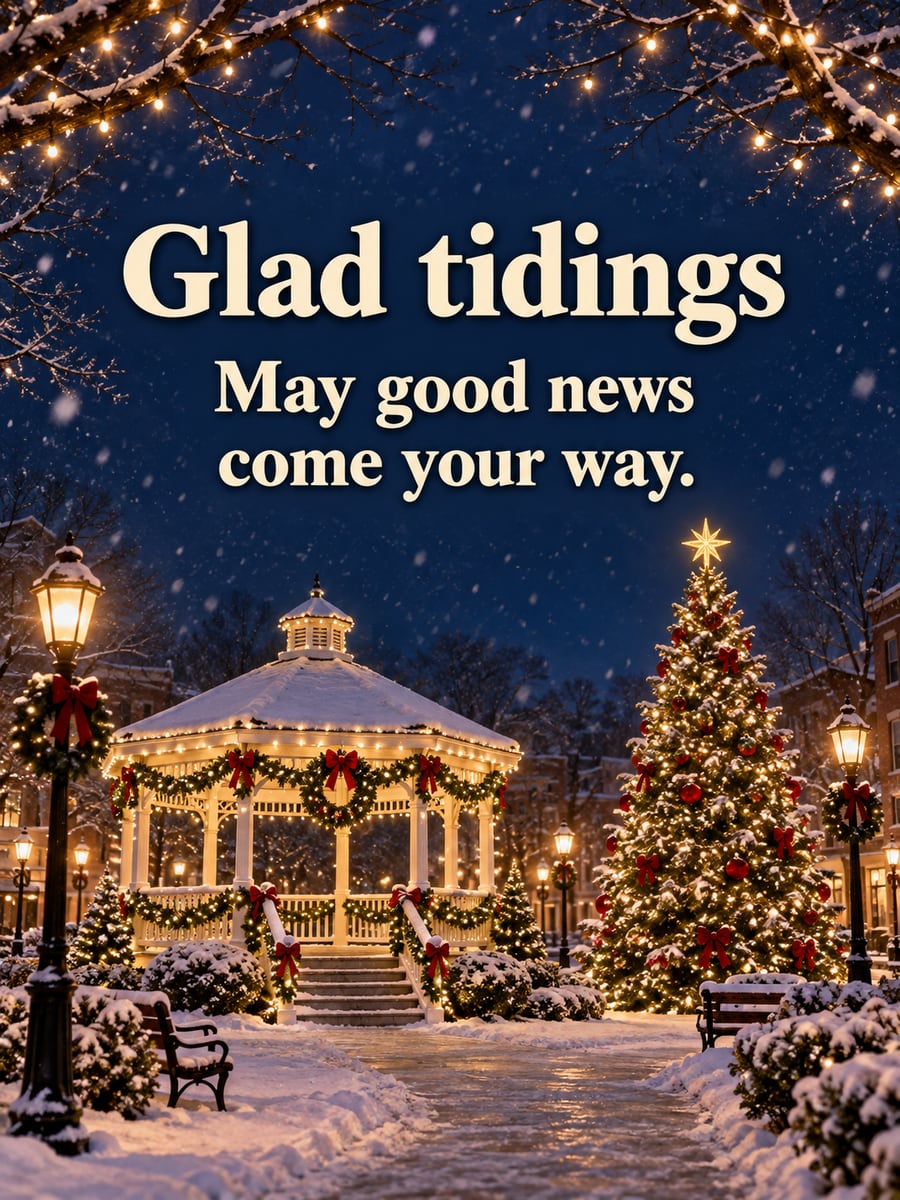 Christmas greeting image: gazebo, Christmas tree, town square, snow. It says “Glad tidings” and “May good news come your way.”