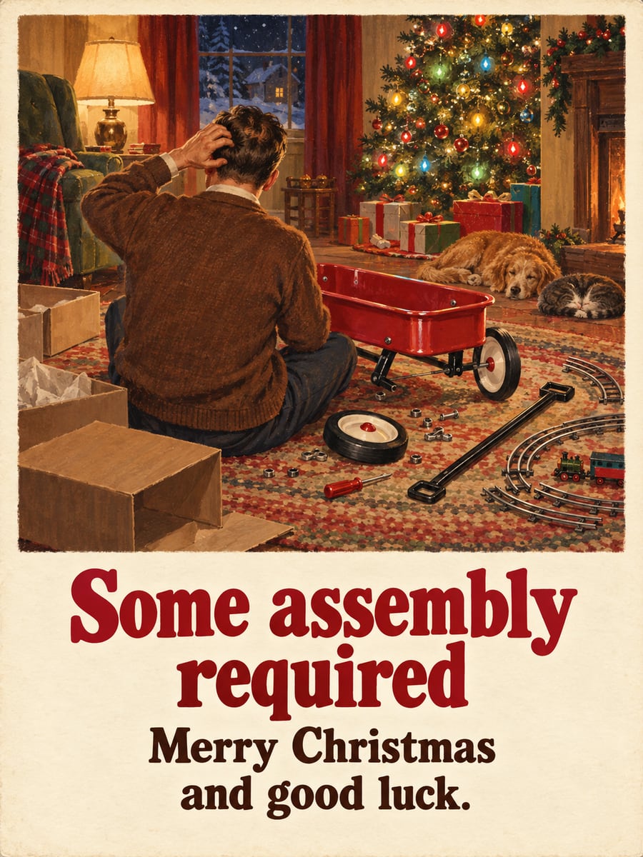 Christmas greeting image: toy wagon, tools, dad, Christmas tree. It says “Some assembly required” and “Merry Christmas and good luck.”