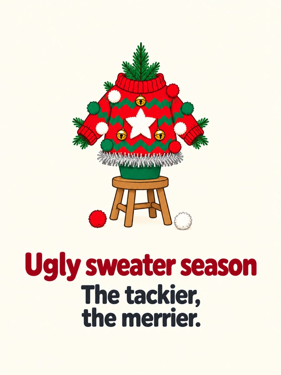 Christmas greeting image: Christmas tree, ugly sweater, pompoms, tinsel. It says “Ugly sweater season” and “The tackier, the merrier.”