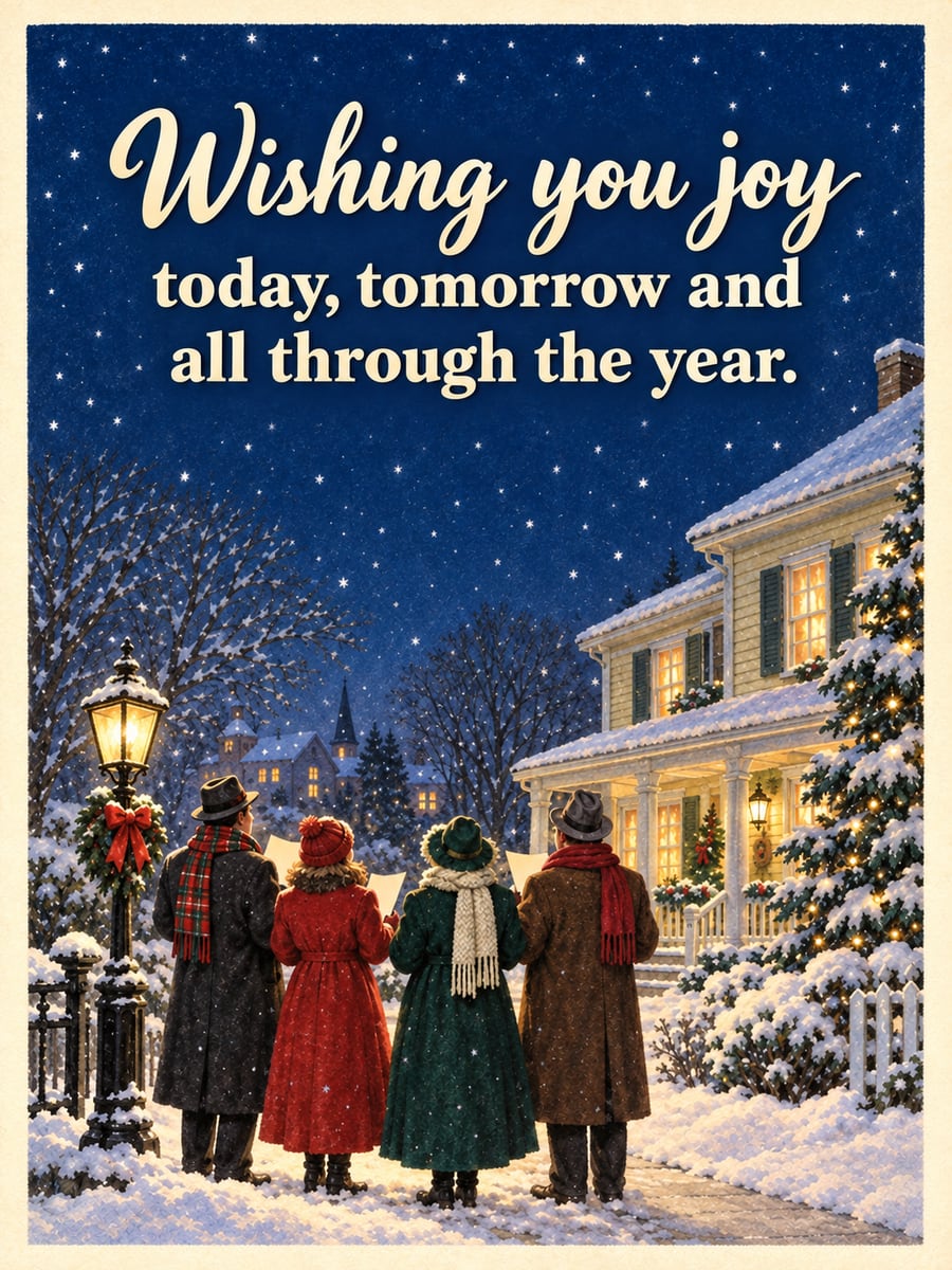 Christmas greeting image: carolers, street lamp, snow. It says “Wishing you joy” and “today, tomorrow and all through the year.”