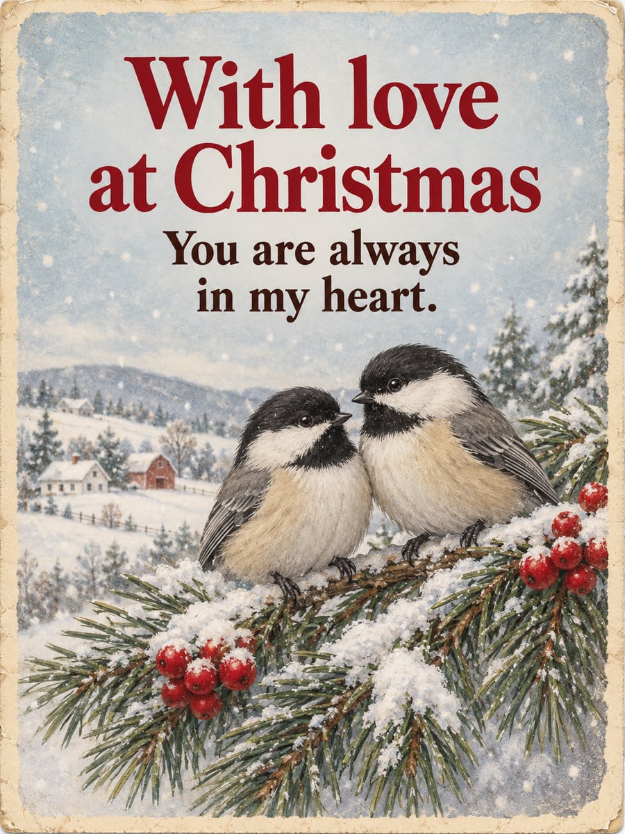 Christmas greeting image: chickadees, pine, winterberry, snow. It says “With love at Christmas” and “You are always in my heart.”