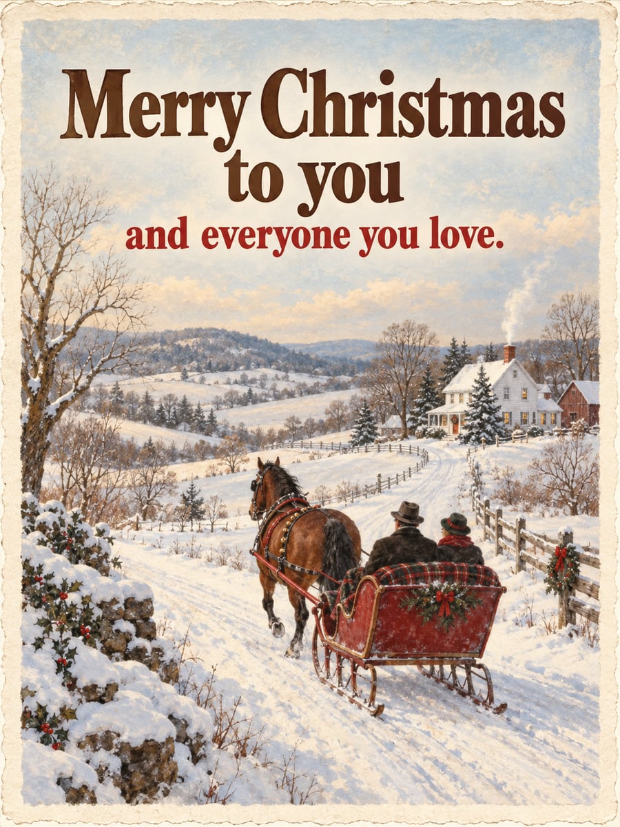 Christmas greeting image: horse, sleigh, farmhouse, snow. It says “Merry Christmas to you” and “and everyone you love.”