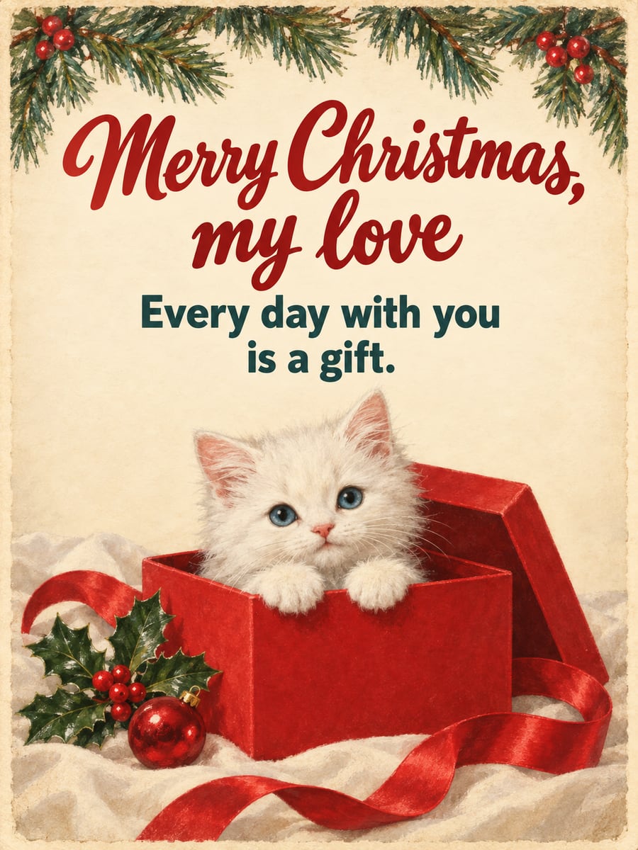 Christmas greeting image: kitten, gift box, holly. It says “Merry Christmas, my love” and “Every day with you is a gift.”
