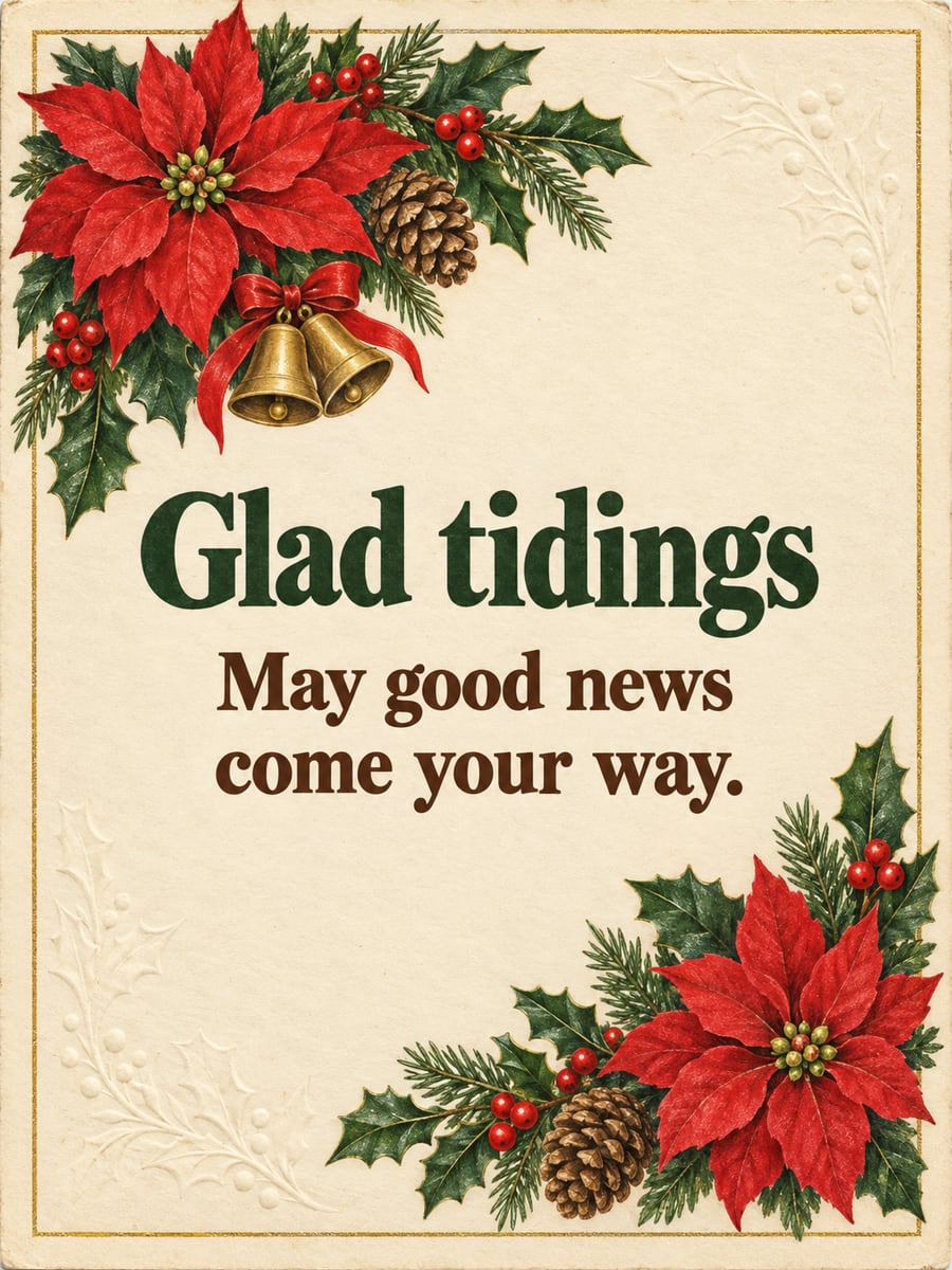 Christmas greeting image: poinsettia, holly, bells. It says “Glad tidings” and “May good news come your way.”