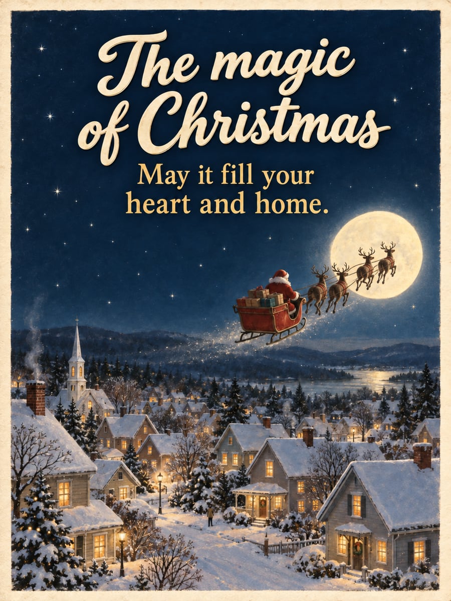 Christmas greeting image: Santa, sleigh, reindeer, small town, moon. It says “The magic of Christmas” and “May it fill your heart and home.”